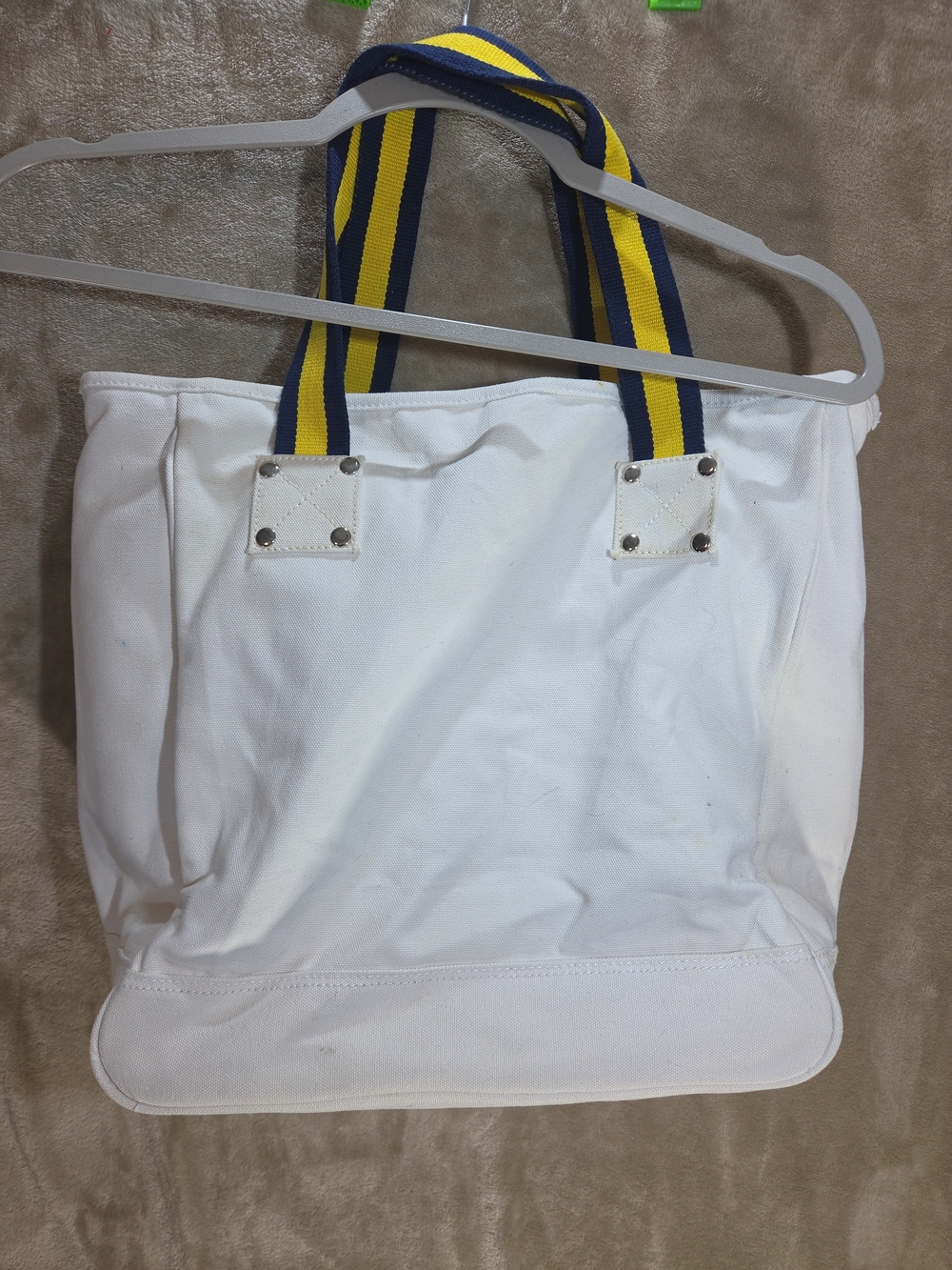 Ralph Lauren White Canvas Tote with Blue and Yellow Striped Handles - Picture 3 of 7